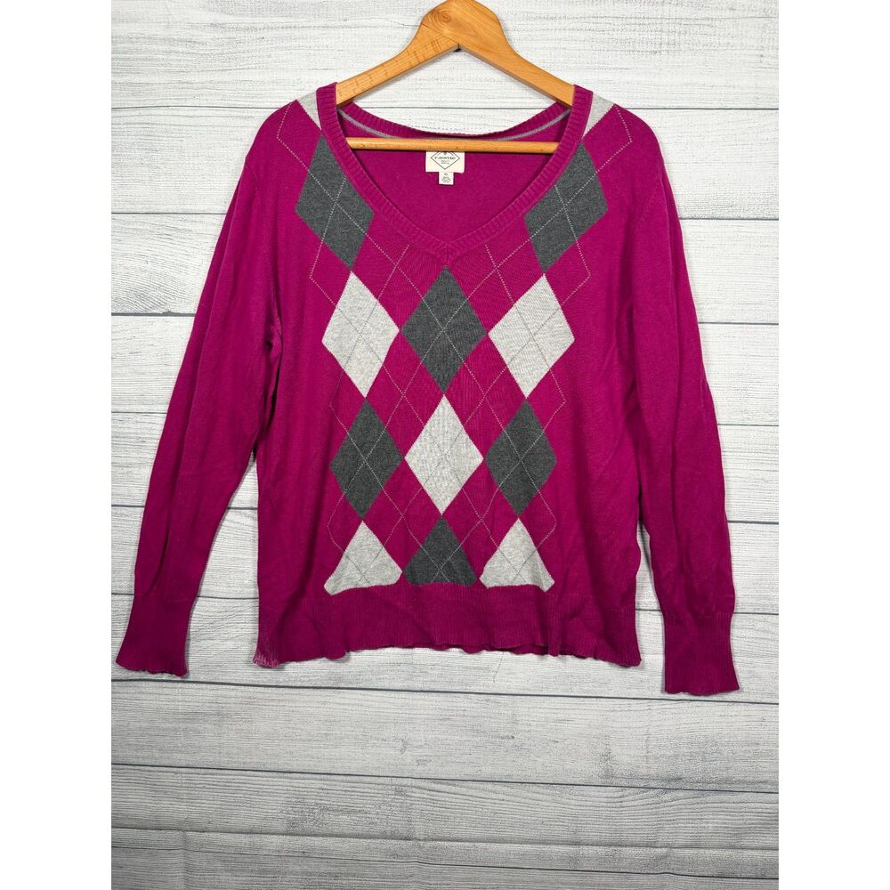 St John's Bay Women's XL Pink Gray Argyle V Neck Cotton Sweater 4565